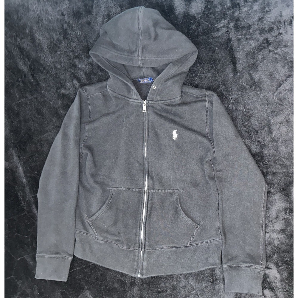 Polo Ralph Lauren Women Black Full Zip-Up Hoodie Jacket Size S White Pony Cotton